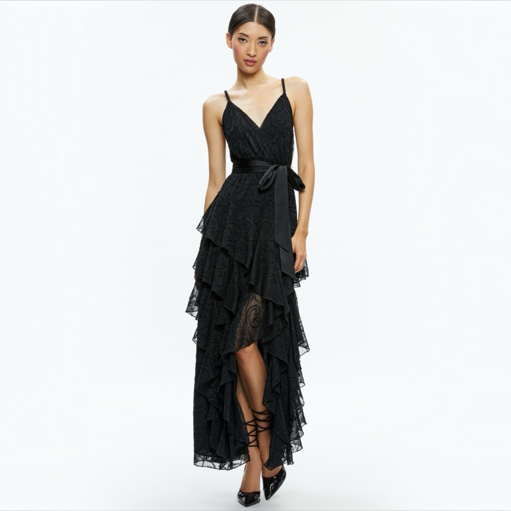 Alice + Olivia Emelia Silky V-neck Eyelet Ruffle Flowy Maxi Dress Black Sz 4